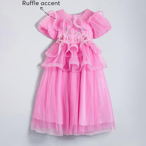 Hopscotch Girls Pink Short Sleeves Floral Applique Ruffled Gown for Age (6-7 Years)