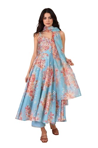 W for Woman Floral Printed Sequined Flared Chanderi Kurta with Pant and Dupatta Set - Turquoise (WS13204-126198-XS)