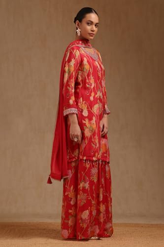 Soch Womens Red Chinon Floral Print Suit Set With Thread Work