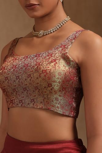 Soch Women's Tissue Floral Sleeveless Regular Fit Blouse (BLSLJQD00733_Olive 40)
