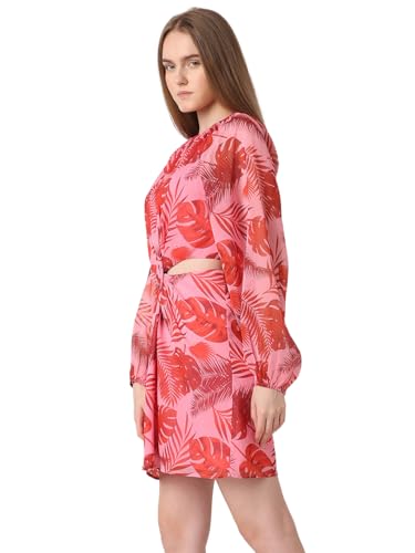 VERO MODA Women Tropical Print Pink Polyester Above Knee Length A-Line Dress