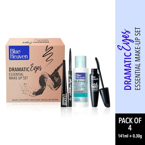 Blue Heaven Dramatic Eyes Essential Make-up Set - Black Eyeliner, 24Hr Stay Kajal, Micellar Cleansing Water, Lash Twist Mascara, 141ml + 0.30g