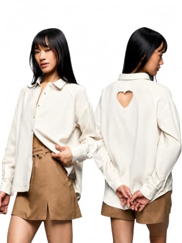 The Souled Store: Ivory Heart Women and Girls Full Length Spread Collar Solid Cotton Oversized Drop Shoulder Breathable Streetwear Lightweight Everyday Shirt