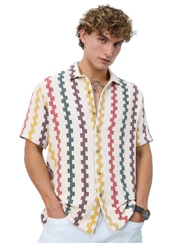 The Souled Store Open Knit: Tropical Stripes Men and Boys Short Sleeves Collared Neck Button Front Orange Striped Polyester Blend Regular Fit Casual Textured Shirts