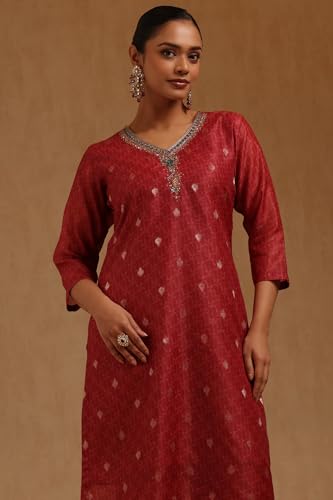 Soch Womens Deep Red Chanderi Embroidered Kurta Set With Mirror Work