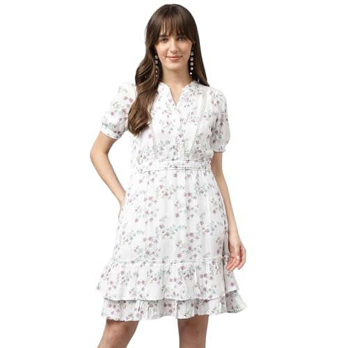 Latin Quarters Women Lilac V-Neck Short Sleeves A-Line Printed Dress_M