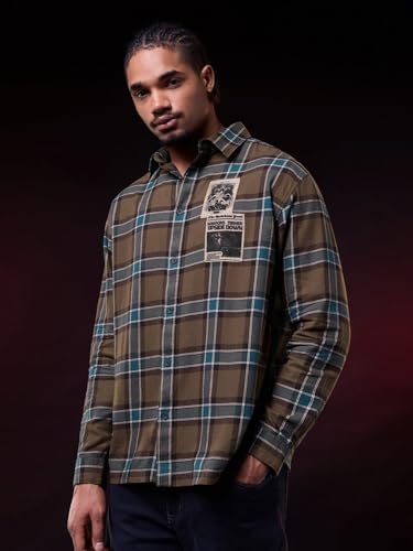 The Souled Store Stranger Things: in The News Men and Boys Long Sleeve Spread Collar Embellished Relaxed Fit Everyday Office Wear Easy to Style Casual Cotton Shirt Brown