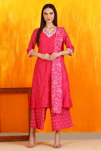 W for Woman Pink Embroidered Chanderi Panelled Kurta, Cropped Pants and Dupatta Set (Size: M)-WS12729-223576