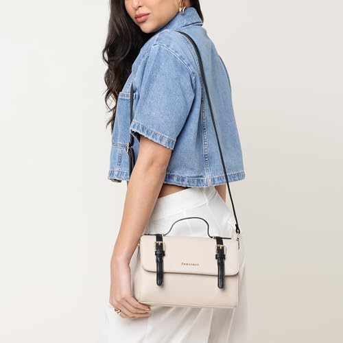 Fastrack Monochrome Muse Satchel | Faux-Leather Women’s Handbag in White & Black | Buckle-Flap Design with Dual Carry Options & Multi-Compartment Interior