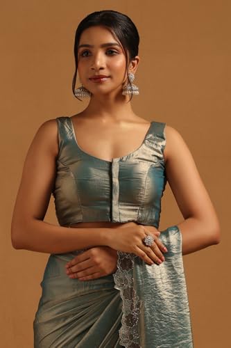 Soch Womens Light Teal Fendy Organza Saree With Swarovski Stone