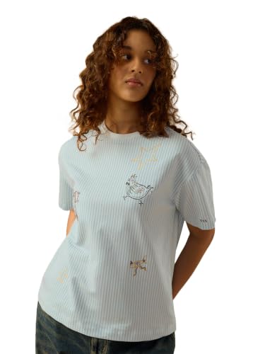The Souled Store Party Animal Women and Girls Short Sleeve Round Neck Light Blue Striped Embroidered Cotton Oversized Breathable Streetwear Casual Summer T-Shirts