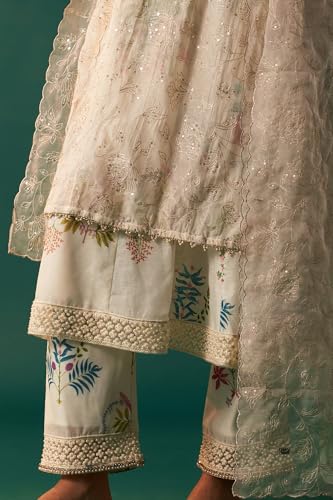 Wishful Women's White Floral Printed and Embroidered Layered Cotton Blend Kurta with Pant and Dupatta Set (SP12869-401079-2XL)