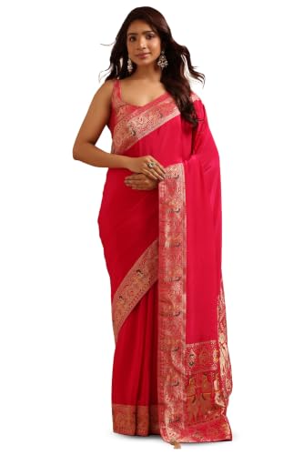 Soch Womens Fuchsia Satin Ethnic Motifs Zari Woven Saree