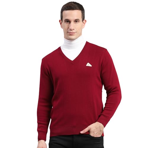 Monte Carlo Mens Solid Maroon V Neck Full Sleeve Pullover (1241214VN-947-42)