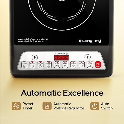 Longway Ember Plus 2000 Watt Induction Cooktop with Auto Shut-Off & Over-Heat Protection With 7 Cooking Mode & BIS Approved | 2 Years Warranty (Black, Push Button)