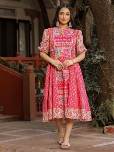 Juniper Pink Floral Printed Pure Cotton Dress & Doris with Beads Work