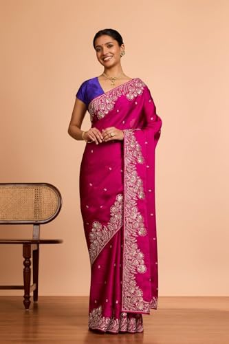 Taneira Women Pink Viscose Satin Embroidered Saree With Unstitched Blouse Piece (SAPP10AC5305-Pink)