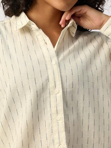 The Souled Store Stripe Shirt: Marina Women and Girls Full Length Spread Collar Off-White and Blue Striped Cotton Relaxed Fit Breathable Lightweight Everyday All-Season Shirt