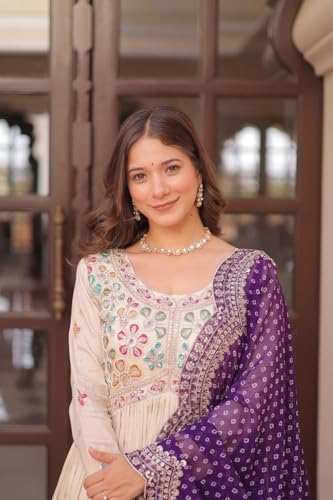 Forteo Fashion Women Cosmos Weaving Jequard with Pearl Beads Embroidered Work Gown with Duppata Set Gown | Festival Wear (in, Alpha, 2XL, Regular, Purple)