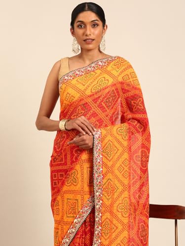 Panzora Women's Yellow Georgette Bandhani Gota Patti Work Border Saree With Unstitched Blouse Piece