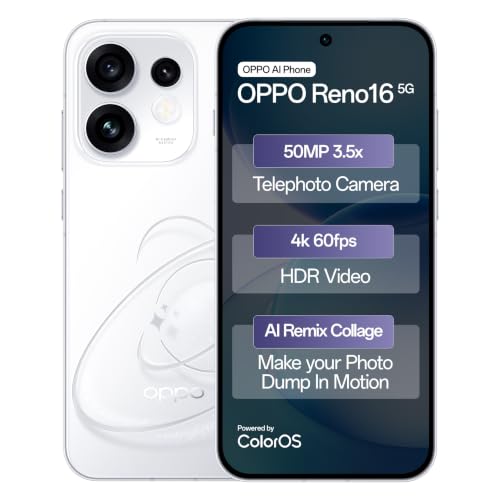 Oppo Reno16 5G (Starry White, 12GB, 256GB) | 3D Design | 50MP 3.5X Telephoto Camera | 4K 60fps HDR Video | AI Remix Collage | Snapdragon 7 Gen 4 | 6700mAh 80W SUPERVOOC | ColorOS 16 | IP69K