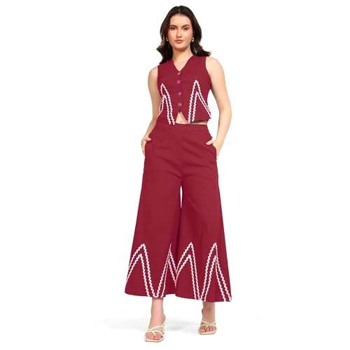 DEEBACO Women's Solid Lycra Ankle Length Waist Coat with Palazzo|Cord Set for Women Fashion|Long Jumpsuits Western Dress for Women Stylish|Two Piece Co ord Set|Casual Wear(DBCO00002277_M_Maroon)