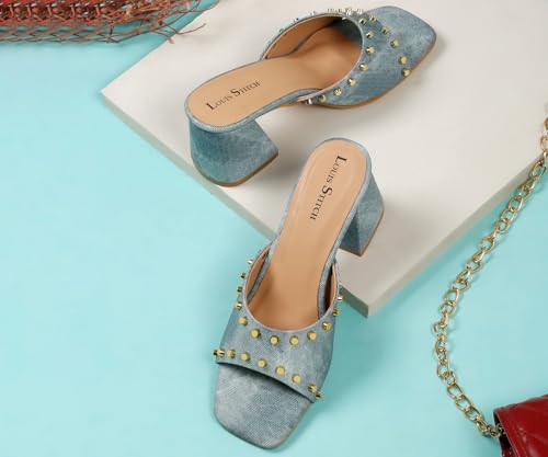 LOUIS STITCH Women’s Fashion Slip-On Block Heel Sandals | Open Toe Blue Stylish Mules Heel Sandal for Ladies, Fashionable and Comfortable Sandal (LSOF-LDBH-MUBU) (UK-8)