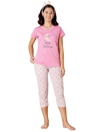 BODYCARE Women's Cotton Printed T-Shirt and Capri Set | Soft & Breathable Nightwear | Short Sleeves | Loungewear Co-Ord Set| BSCS16037_90 Multicolour