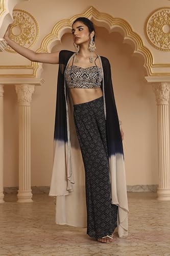 BIBA Women Black Viscose Georgette Bandhani Printed Fusion Set_36