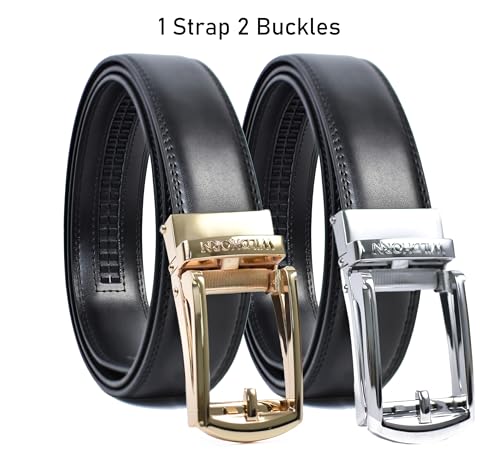 WildHorn Men’s Leather Belt Gift Set | Genuine Leather belt Strap with 2 Interchangeable Buckles | Formal & Casual Wear Adjustable Belt | Automatic lock leather belt for men (Gold & Silver)
