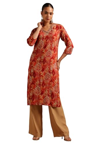 Soch Womens Rust Rayon Ethnic Motifs Kurta with Mirror Work
