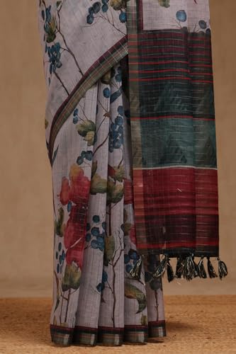 Soch Womens Powder Blue Linen Botanical Print Saree