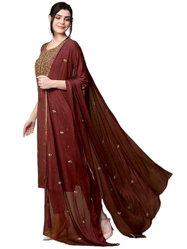 HF HOLYDAY FASHION Straight Cotton Blend Designer Embroidered Work Sweetheart Round Neck Kurta Set with Pant & Dupatta for Women Coffee