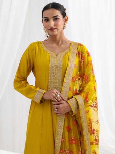 Libas Embroidered Silk Blend A Line Ethnic Dress with Dupatta | Occasion Gown Mustard
