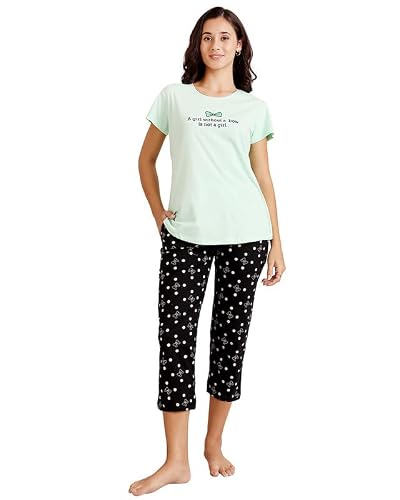 BODYCARE Women's Cotton Printed T-Shirt and Capri Set | Soft & Breathable Nightwear | Short Sleeves | Loungewear Co-Ord Set| BSCS16018_100 Multicolour