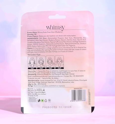 Whimsy Beauty Koala Kids Facial Sheet Mask | Hydrating Face Mask with Glow Boosting Serum | Gentle Skin Care Sheet Mask for Girls | 4 to 16 Years | Organic, Natural, Chemical Free | 20 gram