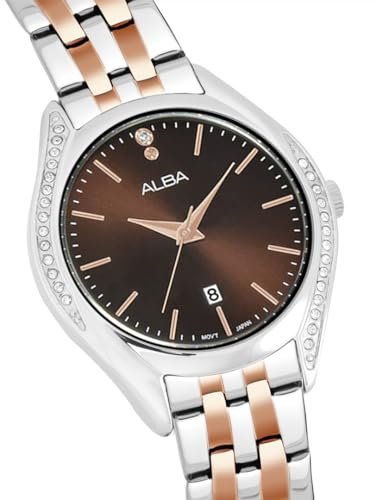 ALBA Stainless Steel Women Analog Wristwatch Ah7Bt1X1, Brown Dial, Silver Band