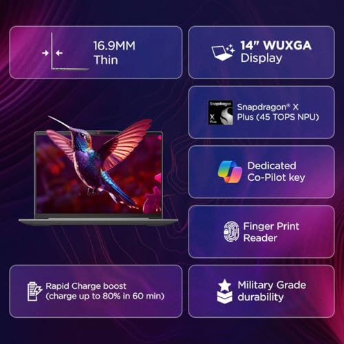 Lenovo IdeaPad Slim 5 Snapdragon X Plus X1P-42-100, Copilot+ AI PC (Qualcomm Adreno iGPU/45TOPS/16GB RAM/1TB SSD/WUXGA IPS Display/14(35.5cm)/Win 11/MS Office 2021/Grey/1.89Kg), 83HL0035IN AI Laptop