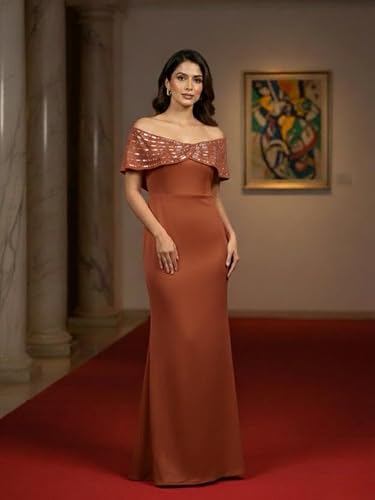MARC LOUIS Elegant Off Shoulder Maxi Dress for Women Brown | breatheable material