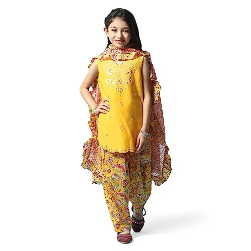 BIBA Girl Printed Polyester A_Line Kid(Kw5123_Yellow_9), Kurta Dhoti Suit Set