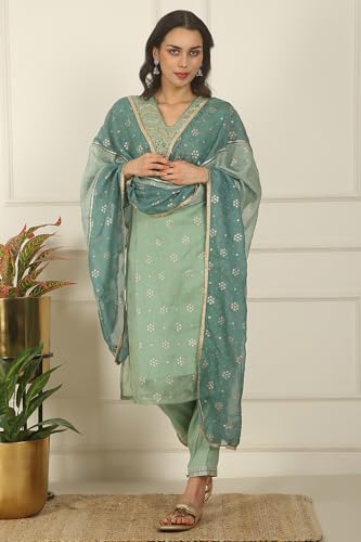 W for Woman Solid Embroidered Straight Organza Suble Green Kurta, Pant and Dupatta Set (Size: 2XL)-24AUWS11709-124502