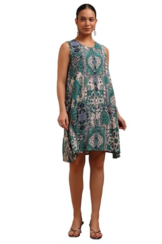 Soch Womens Teal Rayon Crepe Ethnic Motifs Dress