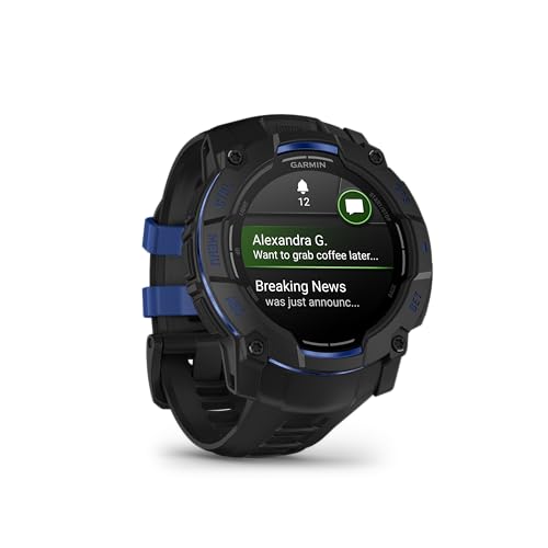 Garmin Instinct® 3 – 50 mm, AMOLED Display, Rugged Outdoor GPS Smartwatch, Built-in Flashlight, Supernova Collection Limited Edition Color, Black with Black/Bolt Blue Silicone Band