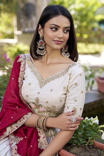 JIHU CULTURE Off-White Vichitra Silk Fabric Thread Embroidery Work Semi Stitched Lehenga Choli With Dupatta Set For Women, 44