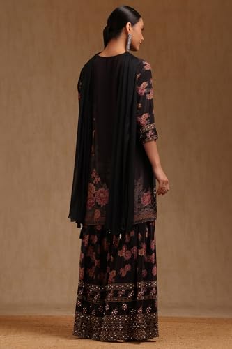 Soch Womens Black Crepe Floral Print Suit Set With Beads