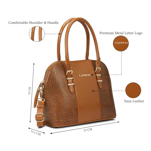 Caprese Macie Medium Satchel for Women | Textured Faux Leather Handbag with Adjustable & Detachable Strap | Stylish Shoulder Bag with Zipper Closure | Perfect Office, Travel & Everyday (Tan)