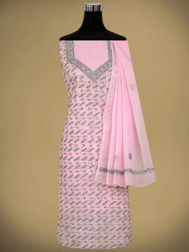 Ada Hand Embroidered Lucknowi Chikankari Unstitched Cotton Dress Material Suit Piece with Dupatta for Women 01A893879 Pink