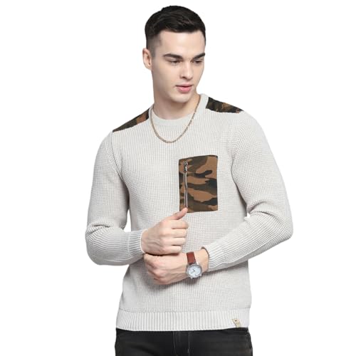 Monte Carlo Mens Self Design Beige Round Neck Full Sleeve Pullover