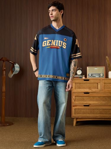 The Souled Store Looney Tunes: Genius Men and Boys Short Sleeve V-Neck Blue Graphic Printed Sporty Casual Lightweight Drop Shoulder Quick Dry Streetwear Trendy Oversized Jerseys