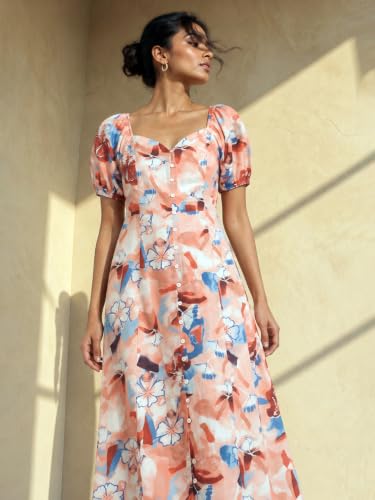 Max Women Floral Print Midi Dress(Multicolour_L)